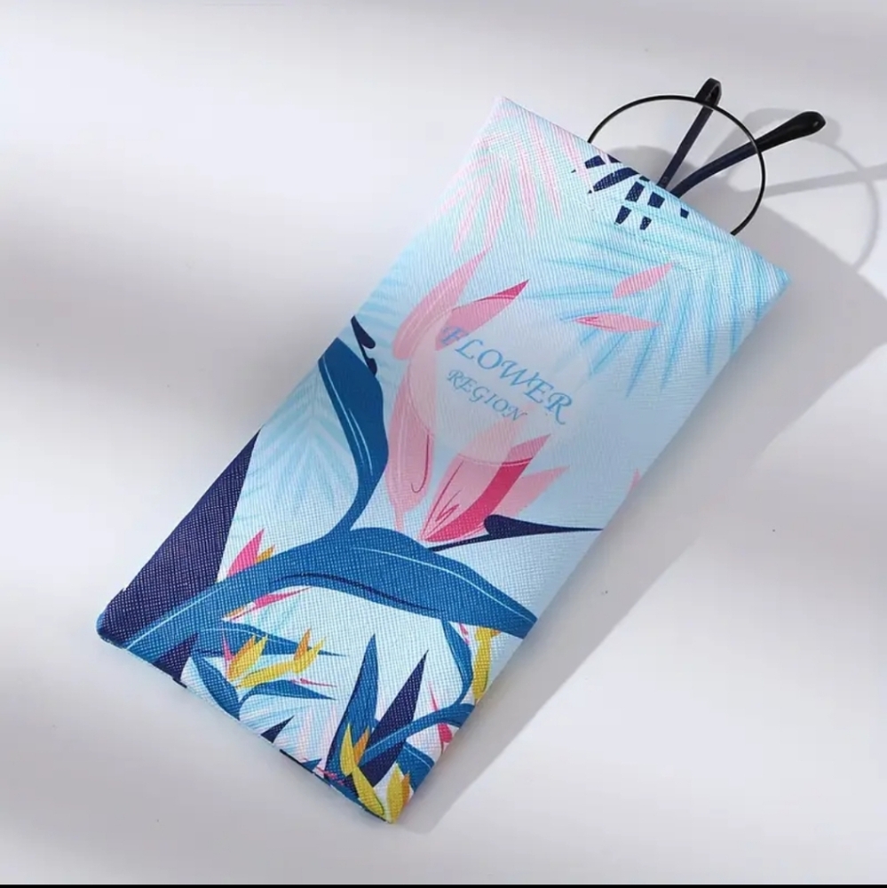 Colorful Design Glasses Pouch Soft Eyewear Sleeve PU Leather, Flower Blue